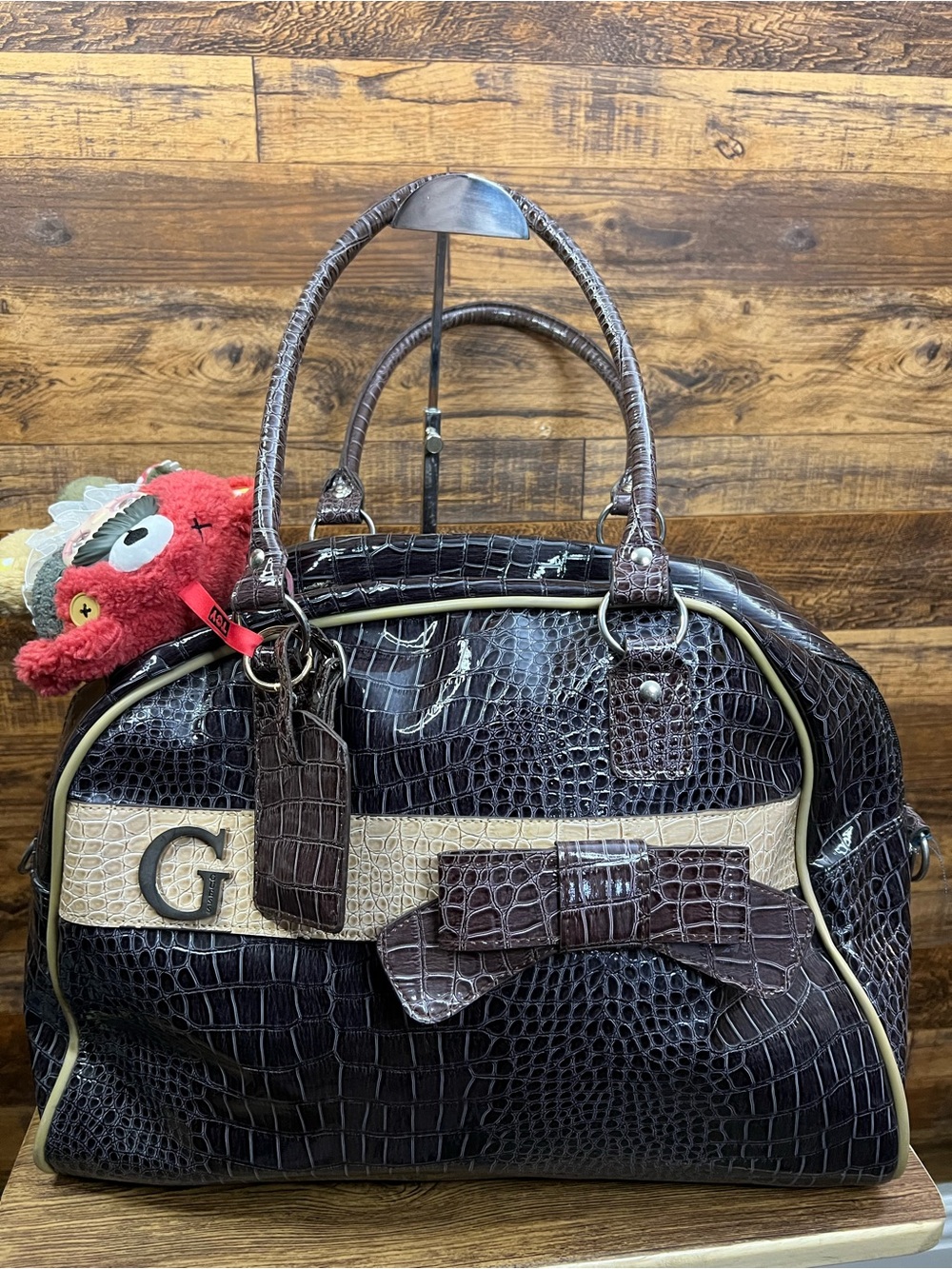 Guess Brown Croc-Embossed Bow Accent Satchel with Cream Stripe